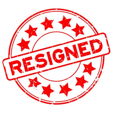 Lastik mühür damgası yuvarlak yıldız simgesi ile beyaz arka plan üzerinde ifadeler grunge kırmızı istifa etti