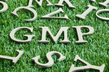 Word Gmp (iyi üretim uygulaması üzerinden kısaltma) suni yeşil çim zekâ İngilizce alfabe arka plan üzerinde ahşap mektup