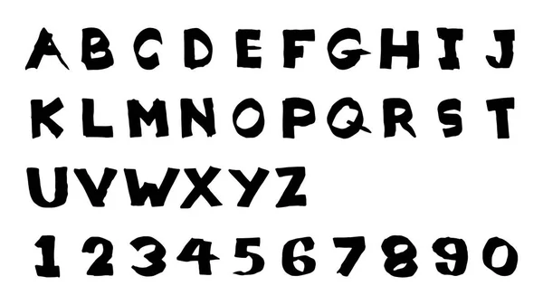Desenho de mão de cor preta do alfabeto inglês maiúsculo e número 0 - 9 no fundo branco —  Vetores de Stock