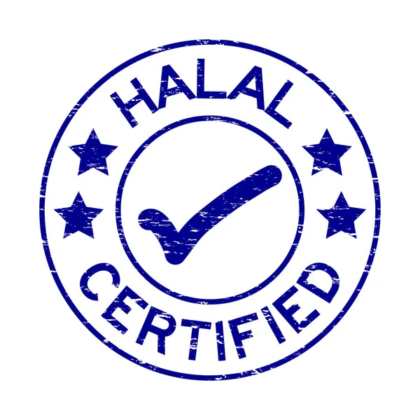 Grunge blue Halal certified with mark icon round rubber seal stamp on white background — Stock Vector