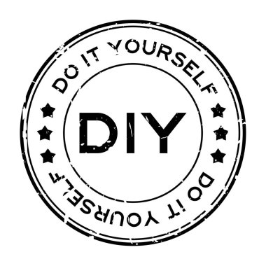 Grunge siyah DIY kelime (kısaltma kendin yap) kauçuk yuvarlak beyaz zemin üzerine damga mühür