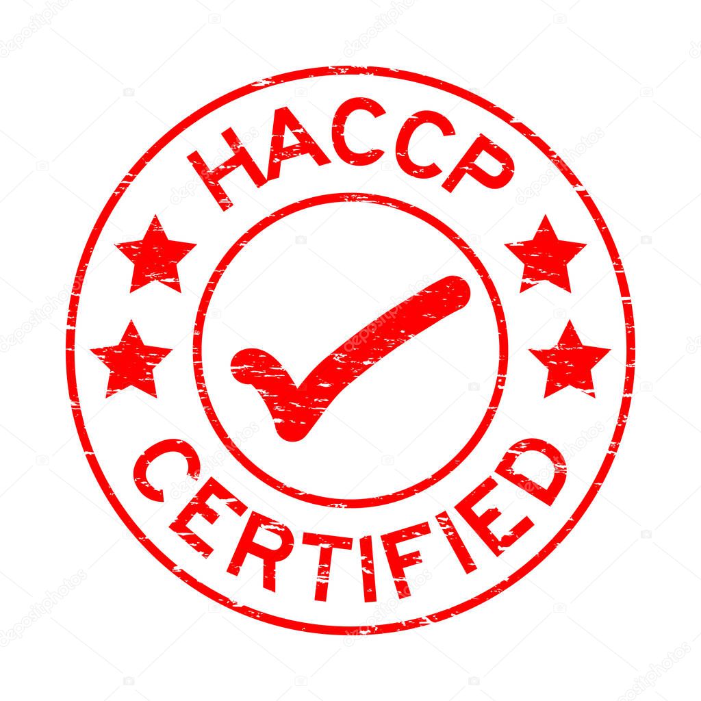 Grunge red HACCP (Hazard Analysis Critical Control Point ) certified round rubber stamp on white background