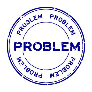 Grunge mavi sorun yuvarlak lastik mühür damgası beyaz arka plan üzerinde