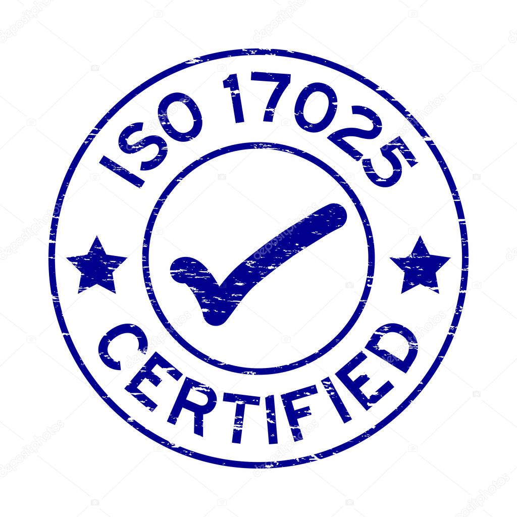 Grunge blue ISO 17025 certified with mark icon round rubber seal stamp on white background