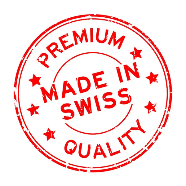 Grugne qualidade premium vermelho feito em suíço selo de borracha redonda no fundo branco — Vetor de Stock