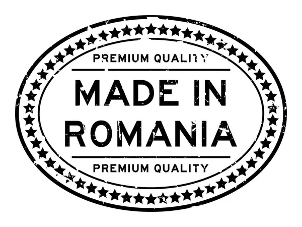 Grunge qualità premium nero made in Romania sigillo di gomma ovale timbro aziendale su sfondo bianco — Vettoriale Stock