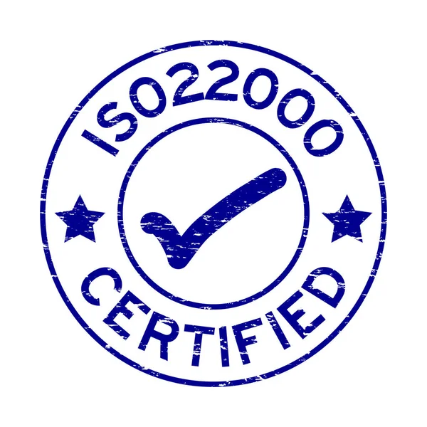 Grunge blauwe Iso 22000 gecertificeerd met mark pictogram ronde stempel-zegel op witte achtergrond — Stockvector