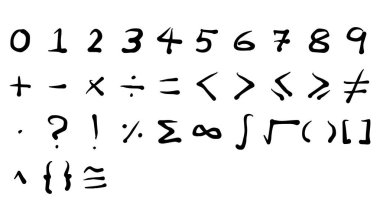 Numarası ve Matematik sembolü beyaz arka plan üzerinde siyah renkli el yazısı