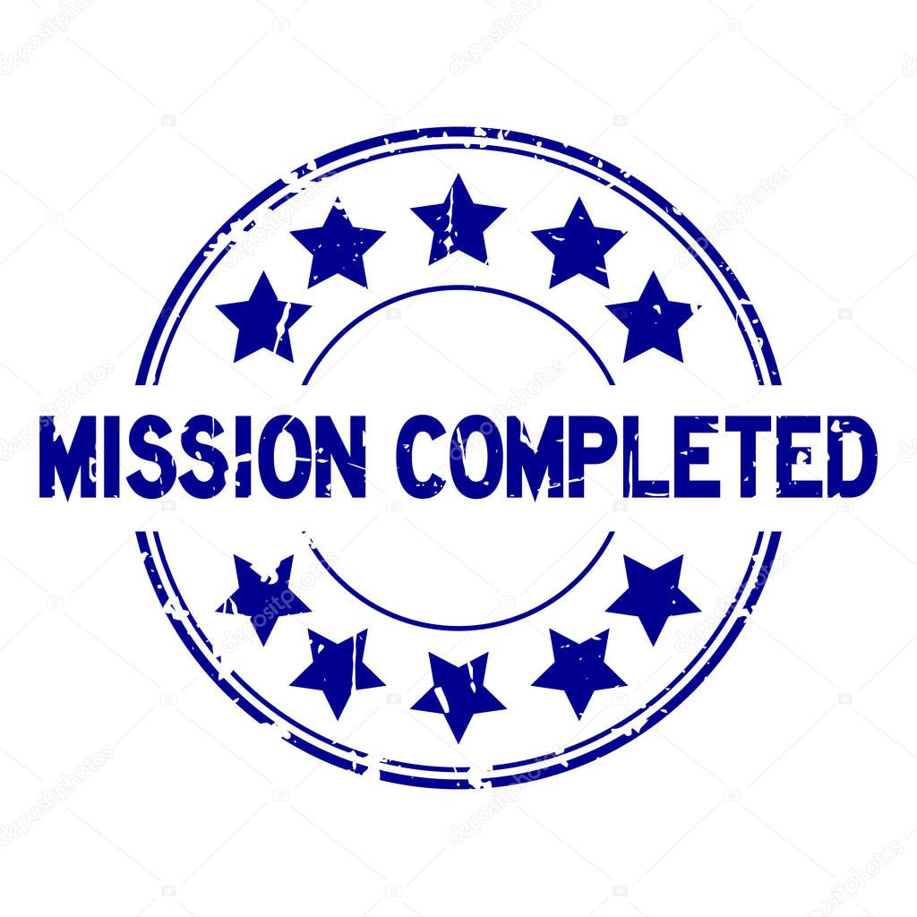 Grunge blue mission completed with star icon round rubber seal stamp on white background