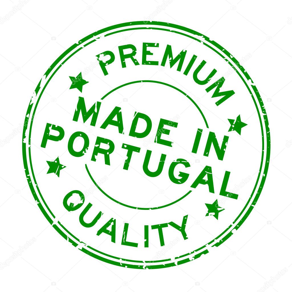 Grunge green premium quality made in Portugal round rubber seal stamp on white background