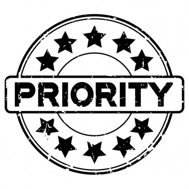 Grunge siyah öncelikli ifadeler yuvarlak lastik mühür damgası beyaz arka plan üzerinde