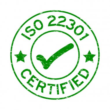 Yuvarlak lastik mühür damgası beyaz zemin üzerine yeşil Grunge ISO 22301 sertifikalı