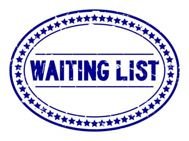 Grunge mavi bekleme listesi oval lastik mühür damgası beyaz arka plan üzerinde