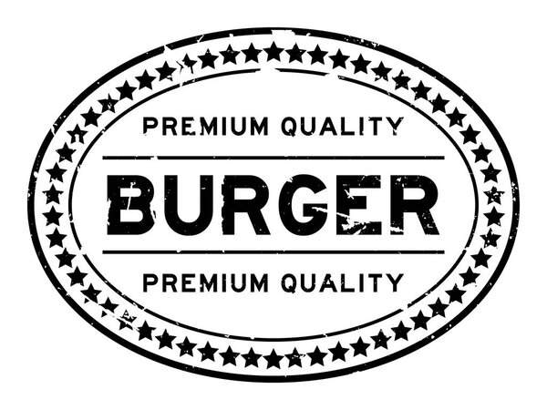 Бургер премиум-класса черного цвета с резиновой печатью на белом фоне
