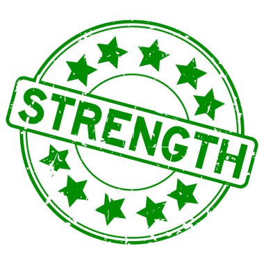 Grunge yeşil güçlü kelime yıldız simgesi yuvarlak lastik mühür beyaz arka planda