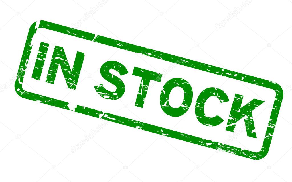 Grunge green in stock word square rubber seal stamp on white background