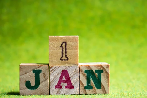 Letter block in word 1jan on artificial green background (Concept for calendar date in 1 month January, the first date of new year) — Stock Photo, Image