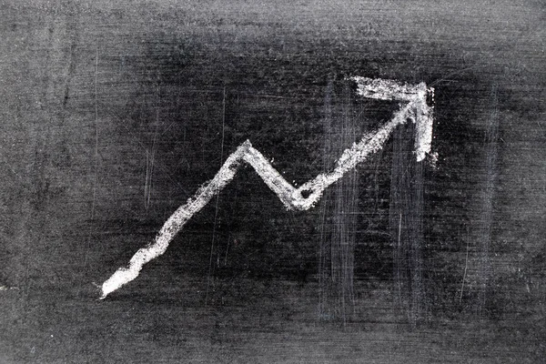 Desenho de giz branco como gráfico de seta para cima no fundo da placa preta (Conceito para venda, lucro, custo da empresa em tendência de alta) — Fotografia de Stock