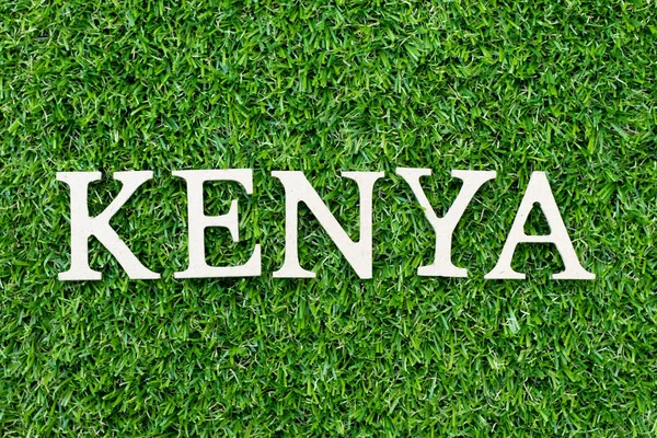 Alfabeto de madeira letra em palavra Quênia no fundo grama verde — Fotografia de Stock