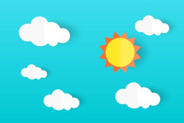 Beyaz bulutlu kağıt sanat ve mavi gökyüzü arka planında güneş şekli