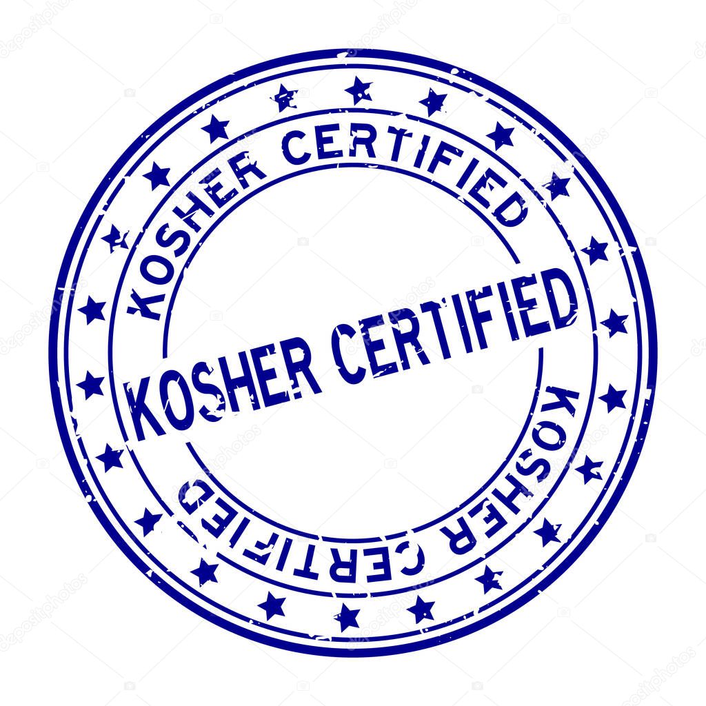 Grunge blue kosher certified word rubber seal stamp on white background