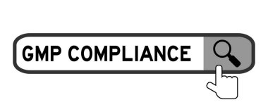Kelime Gmp (kısaltma iyi üretim pratiği) ile arama kutusu uyumluluk ve beyaz arkaplan üzerinde el simgesi