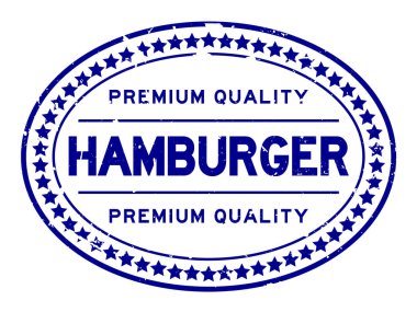 Grunge mavi kaliteli hamburger kelime oval lastik mühür beyaz sırtlı