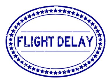 Grunge mavi uçuş gecikmeli kelime oval lastik mühür beyaz arka planda