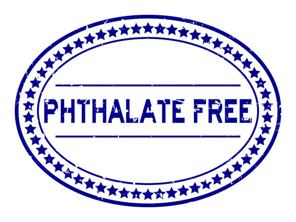 Grunge blue phthalate free word oval rubber seal stamp on white background