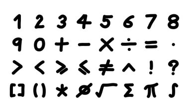 Numarası ve Matematik sembolü beyaz arka plan üzerinde siyah renkli el yazısı