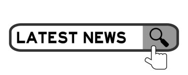 Search box with word latest news and hand icon over magnifier on white background