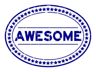 Grunge blue harika kelime oval lastik mühür beyaz arka planda