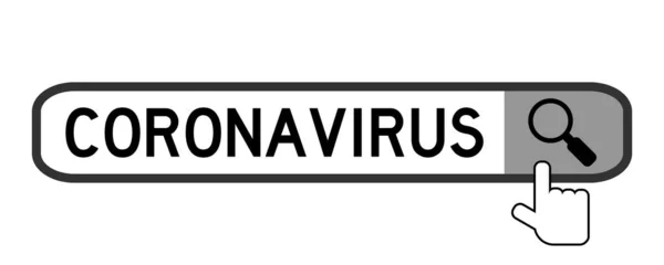 Word Coronavirus (code COVID-19) in search box with hand icon over magnifier on white background — Stock vektor