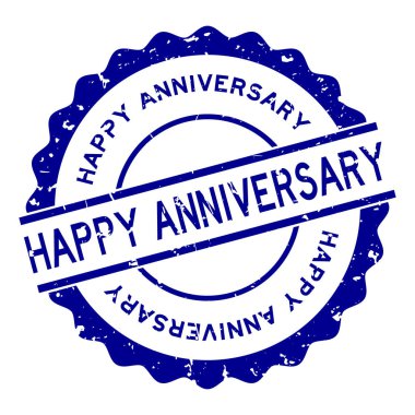 Grunge mavi mutlu yıldönümü kelimesi beyaz arka planda lastik mühür damgası