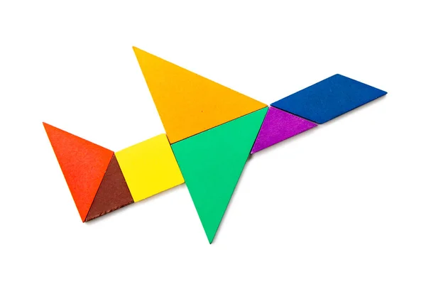 Barevný Dřevěný Tangram Puzzle Tvaru Letadla Bílém Pozadí — Stock fotografie