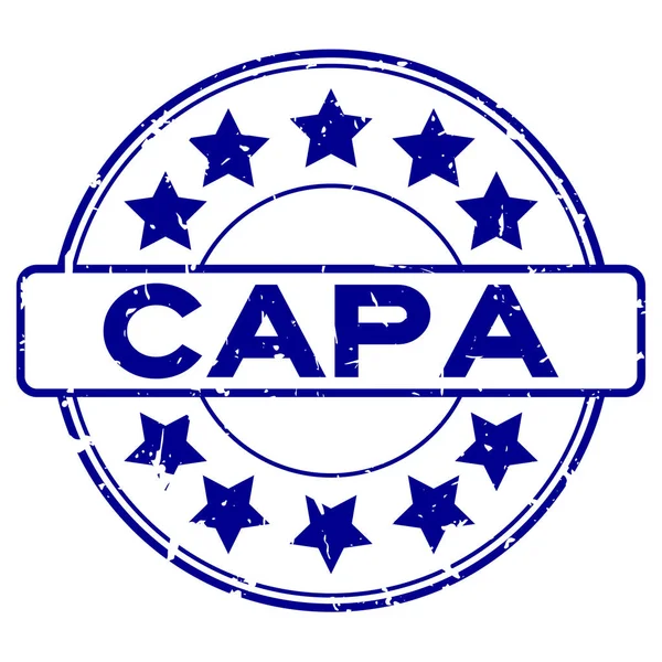 Grunge blue CAPA (önleyici eylemin kısaltması) beyaz arkaplanda yıldız simgesi yuvarlak lastik mühür ile kelime