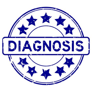 Beyaz arka planda yıldız simgesi yuvarlak lastik mühür damgalı Grunge mavi tanı sözcüğü