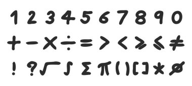 Beyaz zemin üzerinde sayı harfi ve matematik sembolünün siyah renkli el çizimi