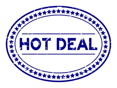 Grunge blue hot deal word oval lastik mühür beyaz arka planda