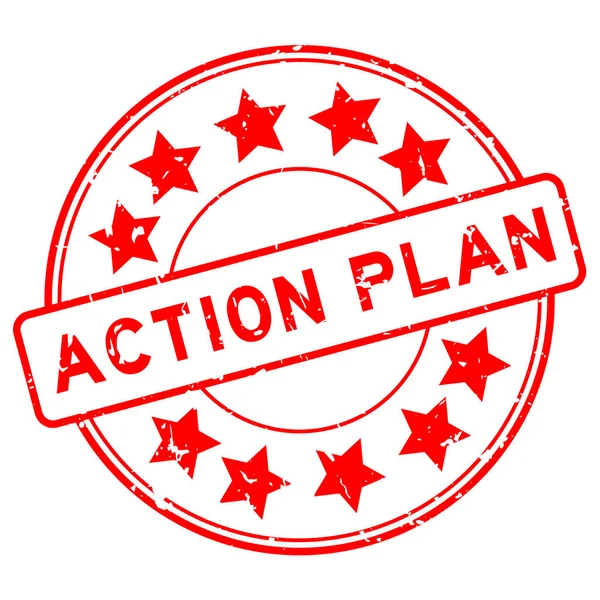 Grunge Mot Plan Action Rouge Avec Icône Étoile Rond Tampon — Image vectorielle