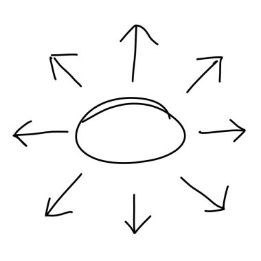 Beyaz arkaplanda daire şeklinden ileri doğru yayılmış okla siyah karalama çizimi