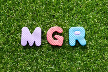 Yeşil çimen arka planında mgr (yöneticinin kısaltması) kelimesindeki oyuncak köpük harfi