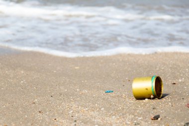 Deniz sahili arka planında çöp tenekesi (Okyanusta bulaşıcılık ve kirlilik kavramı))