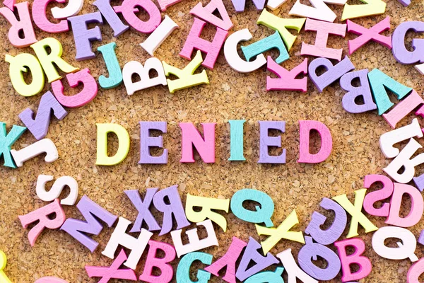 Color Alphabet Word Denied Another Letter Frame Cork Board Background — Stock Photo, Image
