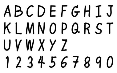 Büyük harf İngiliz alfabesinin siyah renkli el yazı tipi ve beyaz zemin üzerinde 0-9 numara