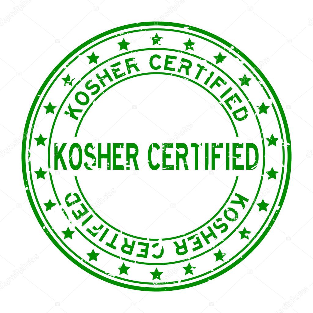 Grunge green kosher certified word squre rubber seal stamp on white background