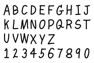 Büyük harf İngiliz alfabesinin siyah renkli el yazı tipi ve beyaz zemin üzerinde 0-9 numara