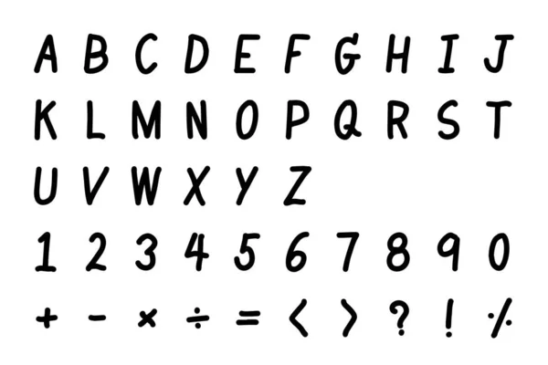 大写字母0 9的黑色笔迹字体及白色背景下的数学符号 — 图库矢量图片