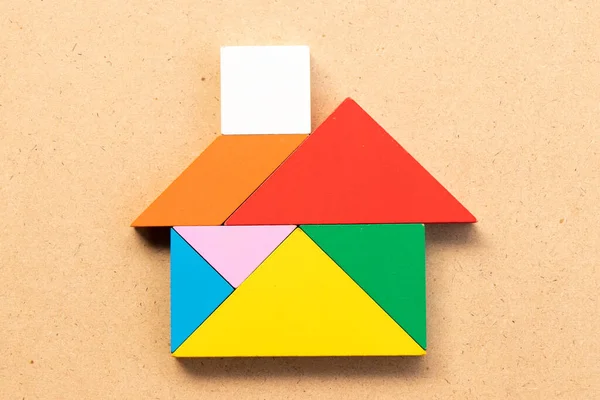 Colore Tangram Puzzle Forma Domestica Legno Bacground — Foto Stock