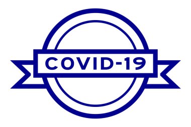 Beyaz zemin üzerinde COVID-19 (Coronavirus için Kod) sözcüğüyle mavi renkli yuvarlak vintage etiket pankartı